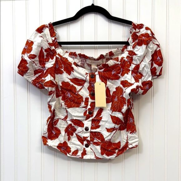 NWT Monteau Burnt Orange White Floral Boho Crop Peasant Button Front Top Blouse - Picture 1 of 5
